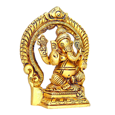 Divine Artz | Ganesh Brass Idol with Arch| Ganesh Brass Idol Small | Ganapathi Statue Small Brass, 9cm Height, Gold Colour - (1 Piece)