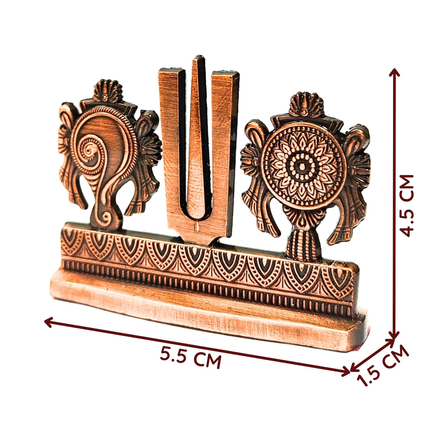 Divine Artz | Shankh Chakra Namah Stand for Car Dashboard | Tilak for Car Dashboard, Metal, 1 Piece (Copper Colour)