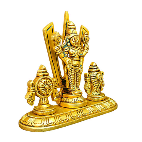 Divine Artz |  Brass Small Sangu Chakram Stand with Tirupati Balaji Idol, 9Cm Height, Gold (1 Piece)