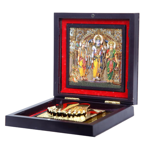 Divine Artz | Ram Darbar Pocket Temple | Ram Darbar Pocket Temple Box with Charan Paduka Square Shaped, Gold Plated,1 Piece