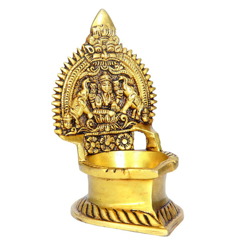 Divine Artz | Premium Gajalakshmi Deepam | Gajalakshmi Deepa | Gajalakshmi Diya | Antique Gajalakshmi Vilakku Brass 14 CM Height, Gold Colour, 1 Piece