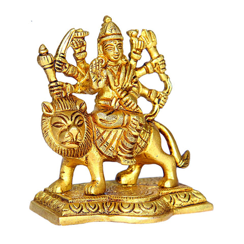 Divine Artz |  Durga Maa Idol Small | Small Maa Durga Idol| Vaah Maa Durga Idol Small | Kolkata Durga Maa Idol Brass, Height 9.5CM Gold Colour 1 Piece