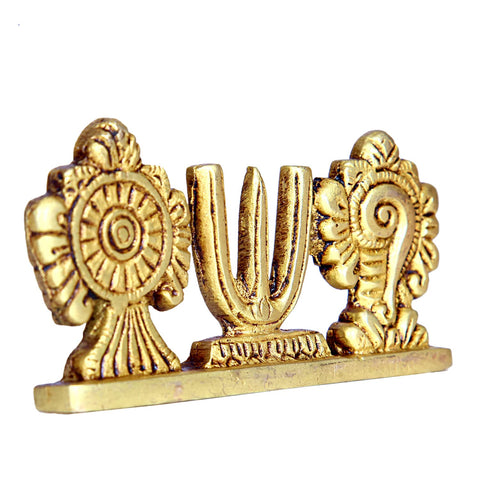 Divine Artz | Vadakalai Shankh Chakra Namah Stand/Vadakalai Thiruman Sangu Chakram Stand, Brass, 5cm Height, Gold Colour, 1 Piece