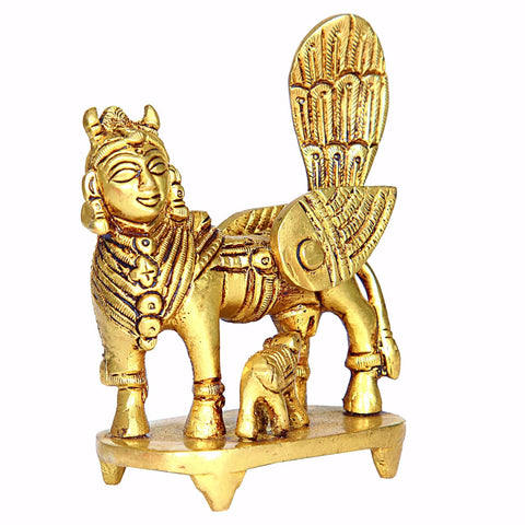 Divine Artz | Kamadhenu Cow Idol Brass | Brass Kamadhenu Cow with Calf | Kamdhenu Cow with Calf Brass | Kamadhenu Brass 10.5 CM Height Brass Gold Colour 1 Piece