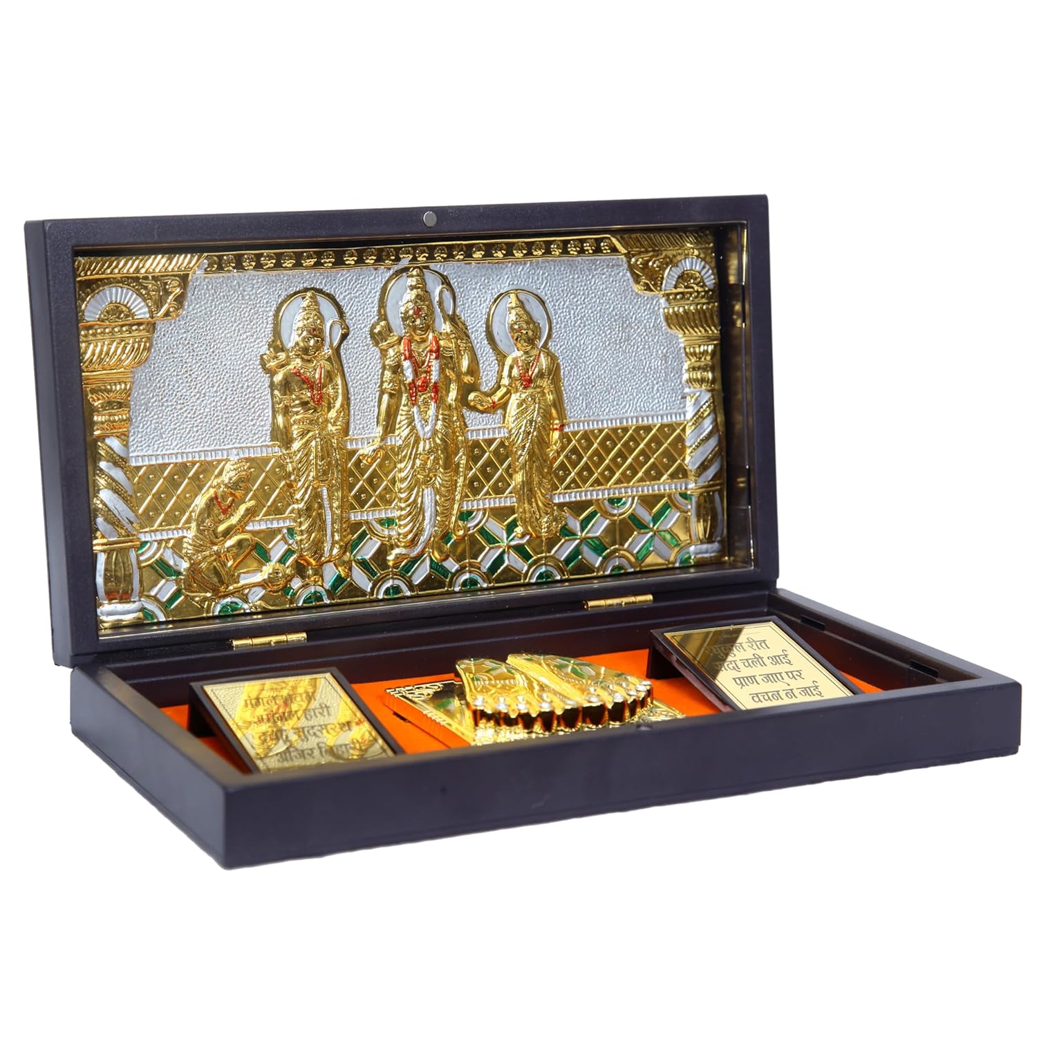 Divine Artz | Ram Darbar Pocket Temple | Ram Darbar Pocket Temple Box with Charan Paduka Rectangle Shaped, Gold Plated, 1 Piece