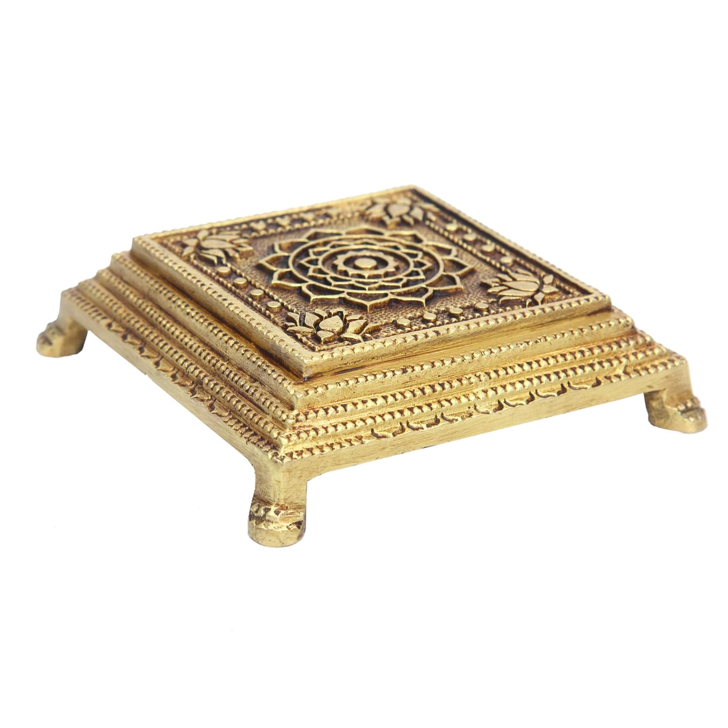 Divine Artz | Brass Pooja Chowki Square with Lotus Design | Sqaure Brass Chowki for Puja, Brass, Gold Colour, 1 Piece (4 Step Chowki)