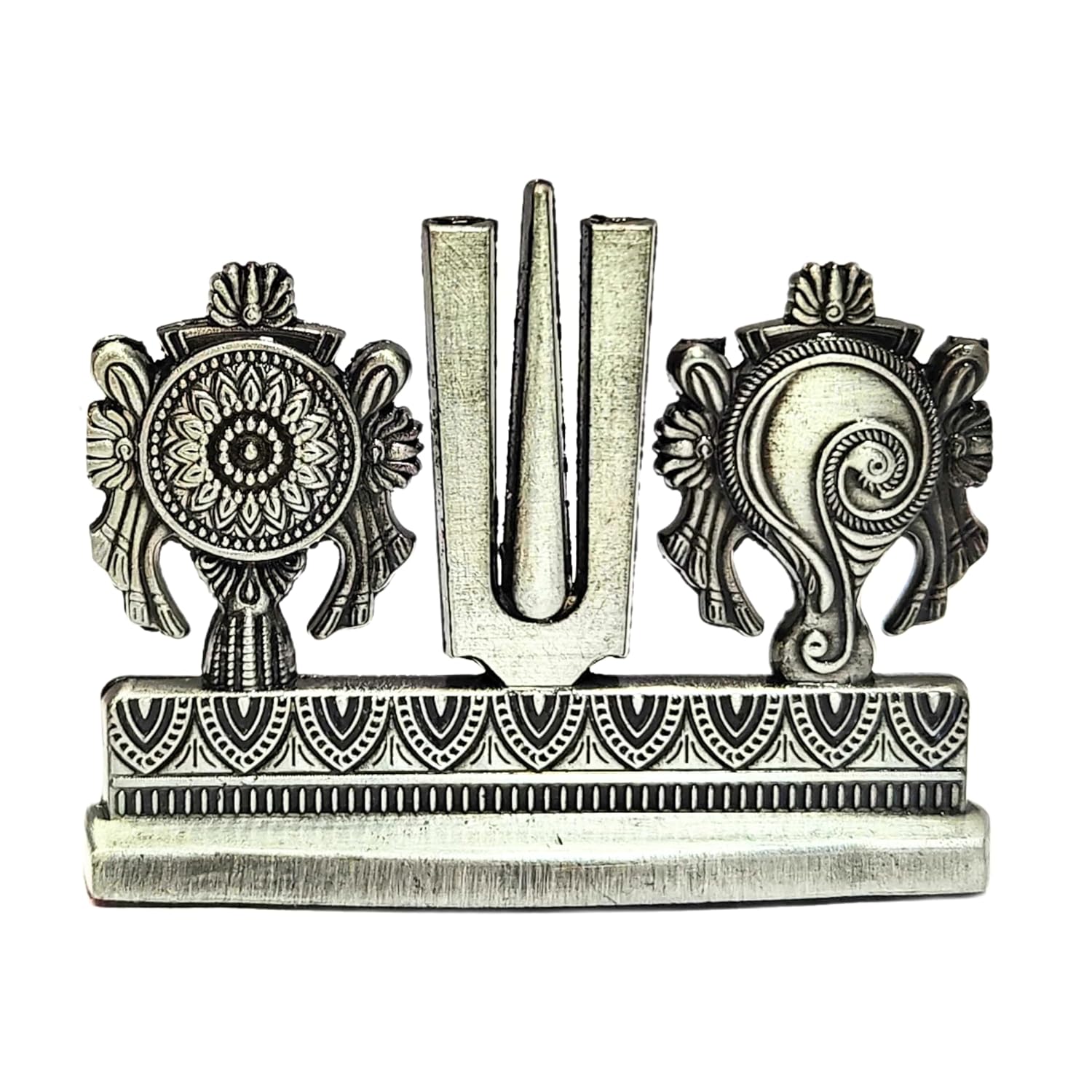 Divine Artz | Shankh Chakra Namah Stand for Car Dashboard | Tilak for Car Dashboard, Metal, 1 Piece (Silver Colour)