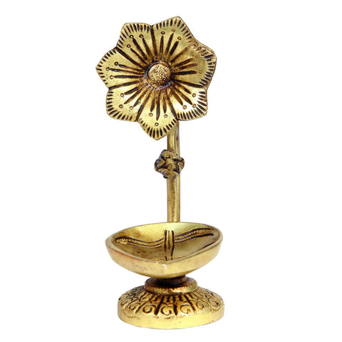 Divine Artz | Antique Brass Flower Diya | Antique Brass Deepam | Antique Diya Brass 14.5cm Height, Gold Colour(1 Piece)