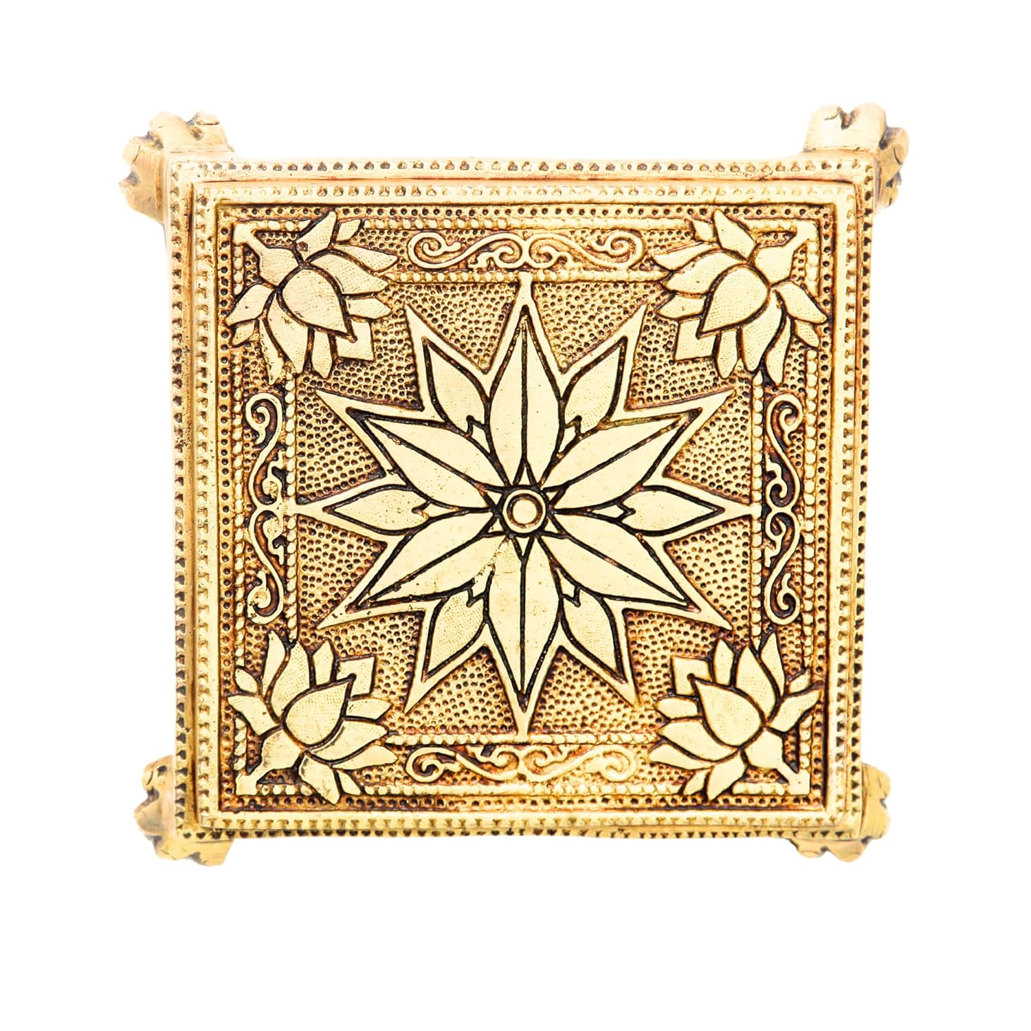 Divine Artz | Brass Pooja Chowki Square with Flower Design | Sqaure Brass Chowki for Puja, Brass, Gold Colour, 1 Piece (12 X 12 CM)