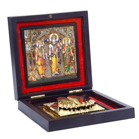 Divine Artz | Ram Darbar Pocket Temple | Ram Darbar Pocket Temple Box with Charan Paduka Square Shaped, Gold Plated,1 Piece