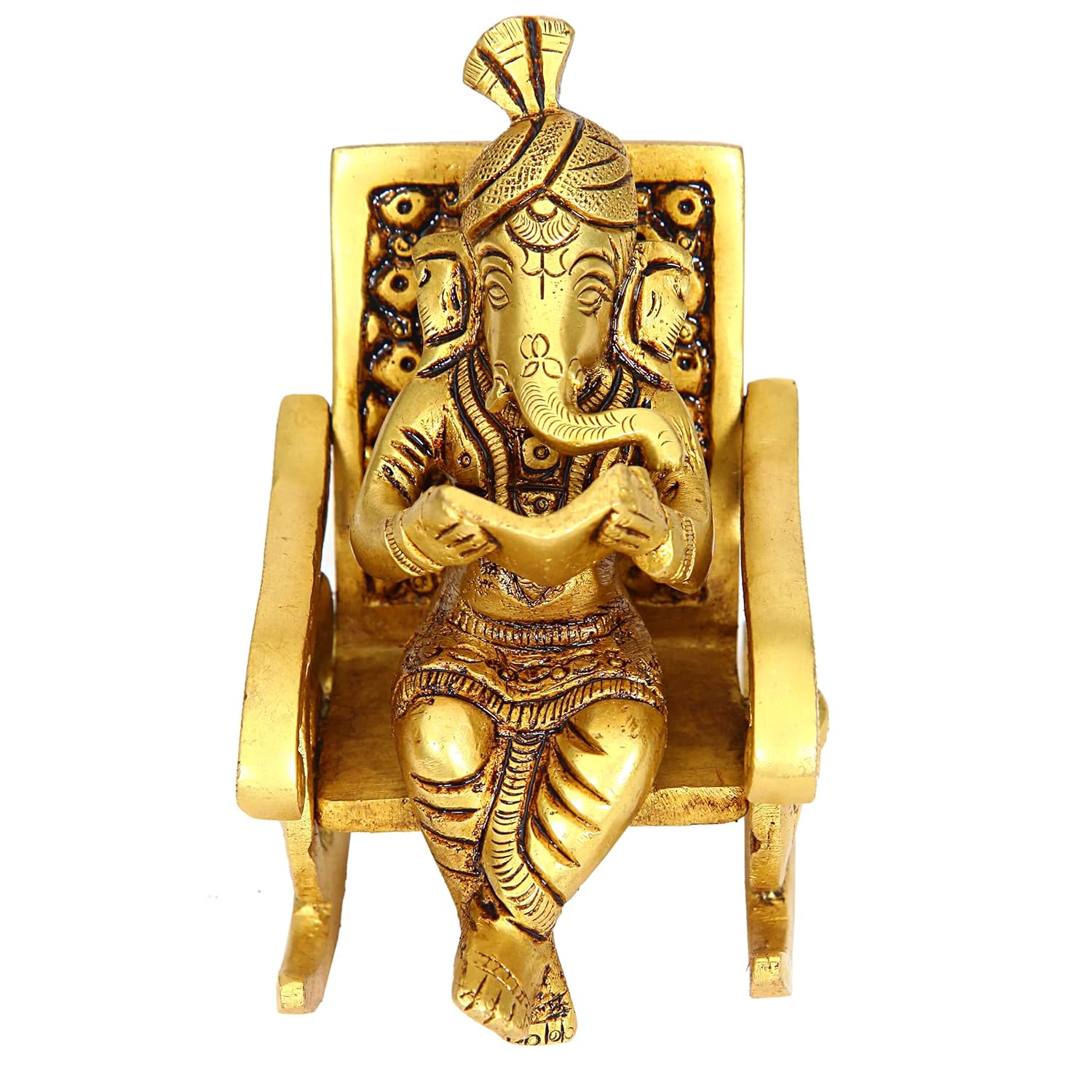 Divine Artz | Premium Chair Ganesha Idol | Rocking Chair Ganesha Idol | Heavy Rocking Chair Ganesha Brass, 675g, Height 10.5 CM, Gold Colour, 1 Piece