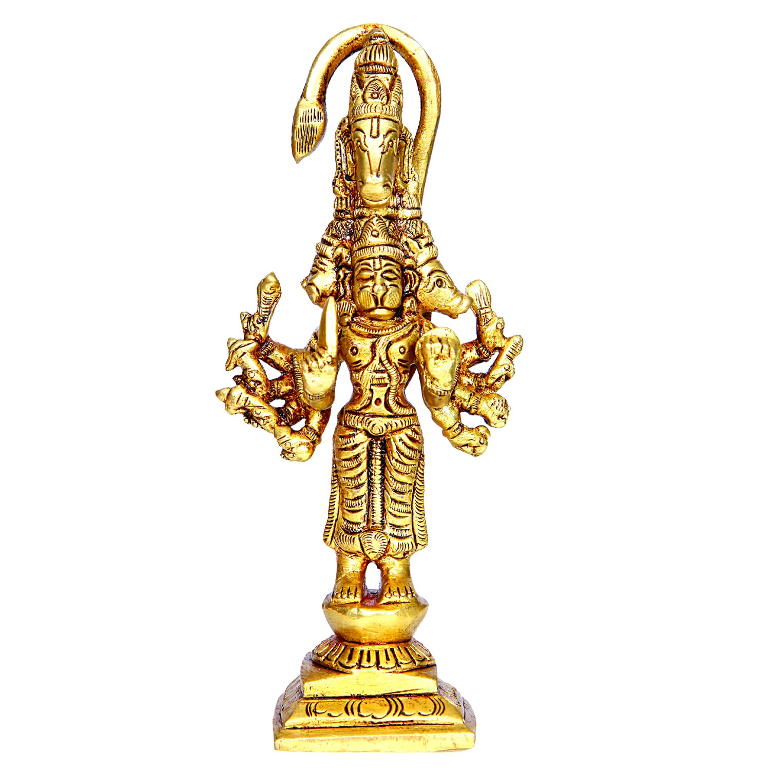 Divine Artz | Panchmukha Hanuman Standing Brass Idol | Standing Panchmukhi Hanuman Brass Statue | Standing Brass Panchmukhi Hanuman 13cm Height, Gold Colour(1 Piece)