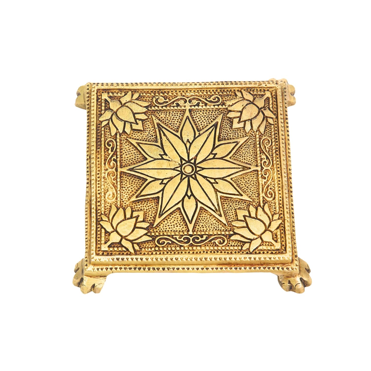 Divine Artz | Brass Pooja Chowki Square with Flower Design | Sqaure Brass Chowki for Puja, Brass, Gold Colour, 1 Piece (6.5 X 6.5 CM)