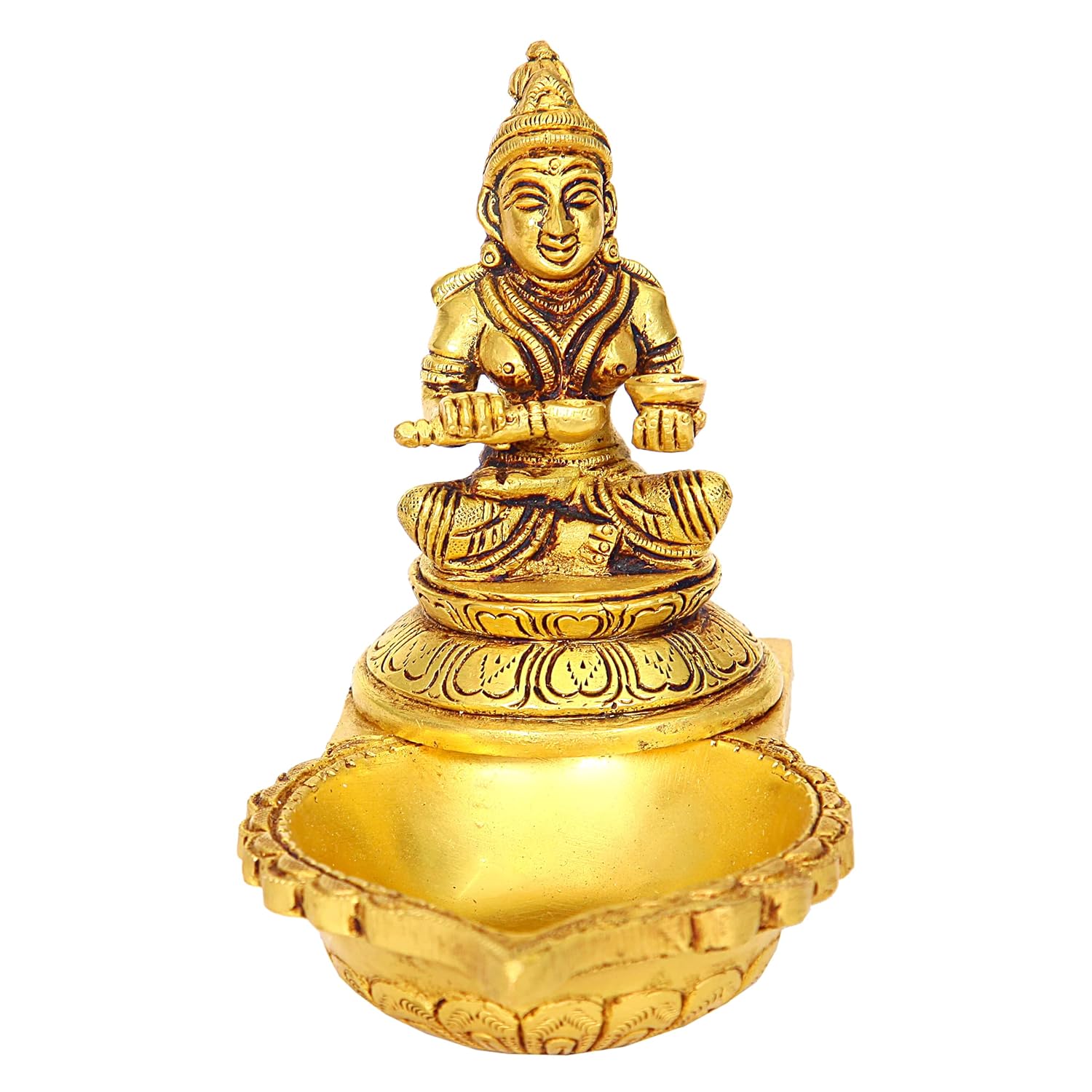 Divine Artz | Annapoorani Deepam with Annapoorani Statue | Annapurna Devi Deepam Brass | Annapurani Vilakku with Statue 13 CM Height Brass Gold Colour 1 Piece