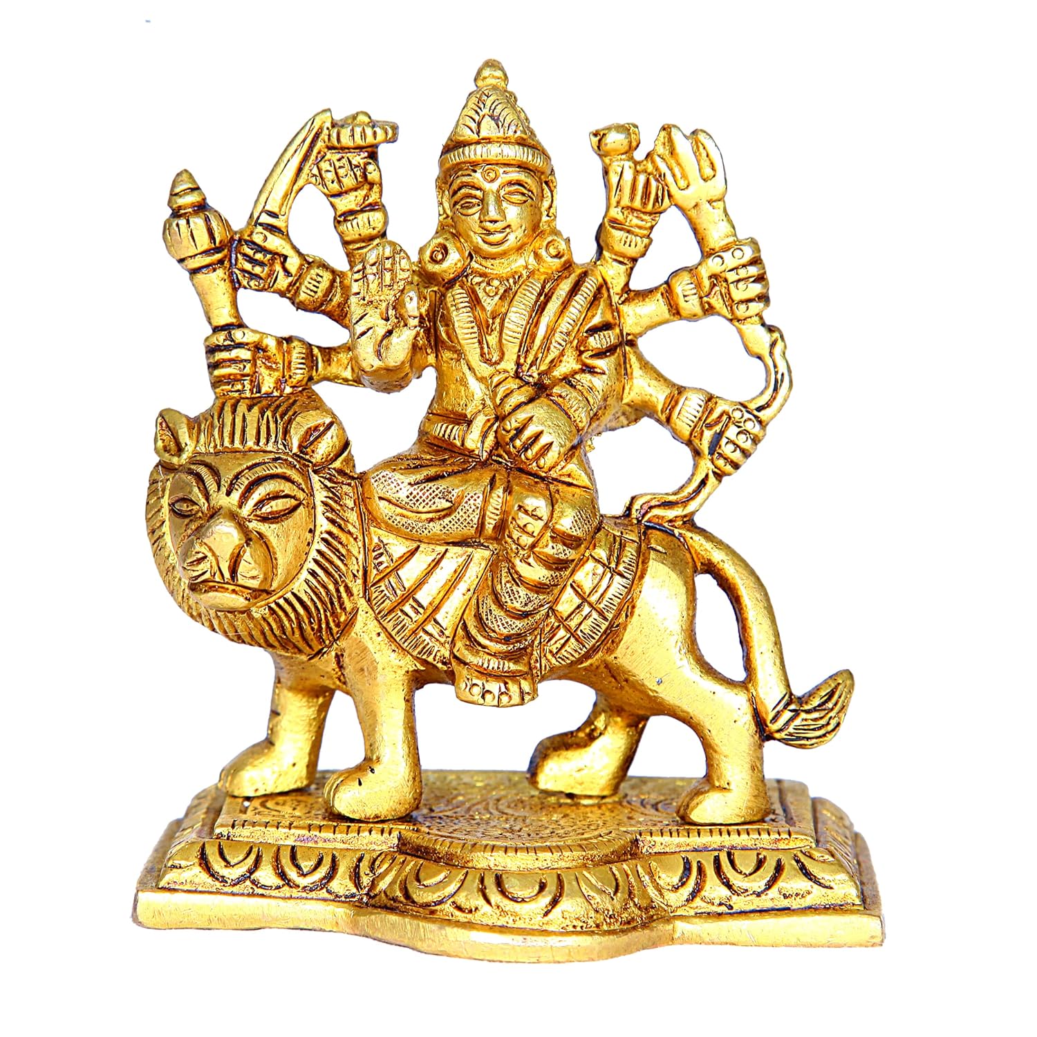 Divine Artz |  Durga Maa Idol Small | Small Maa Durga Idol| Vaah Maa Durga Idol Small | Kolkata Durga Maa Idol Brass, Height 9.5CM Gold Colour 1 Piece