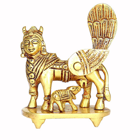 Divine Artz | Kamadhenu Cow Idol Brass | Brass Kamadhenu Cow with Calf | Kamdhenu Cow with Calf Brass | Kamadhenu Brass 10.5 CM Height Brass Gold Colour 1 Piece