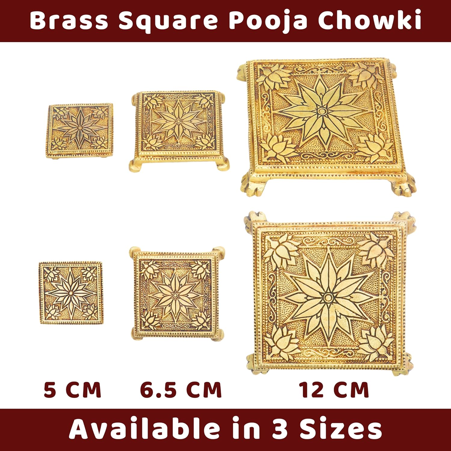 Divine Artz | Brass Pooja Chowki Square with Flower Design | Sqaure Brass Chowki for Puja, Brass, Gold Colour, 1 Piece (5 X 5 CM)