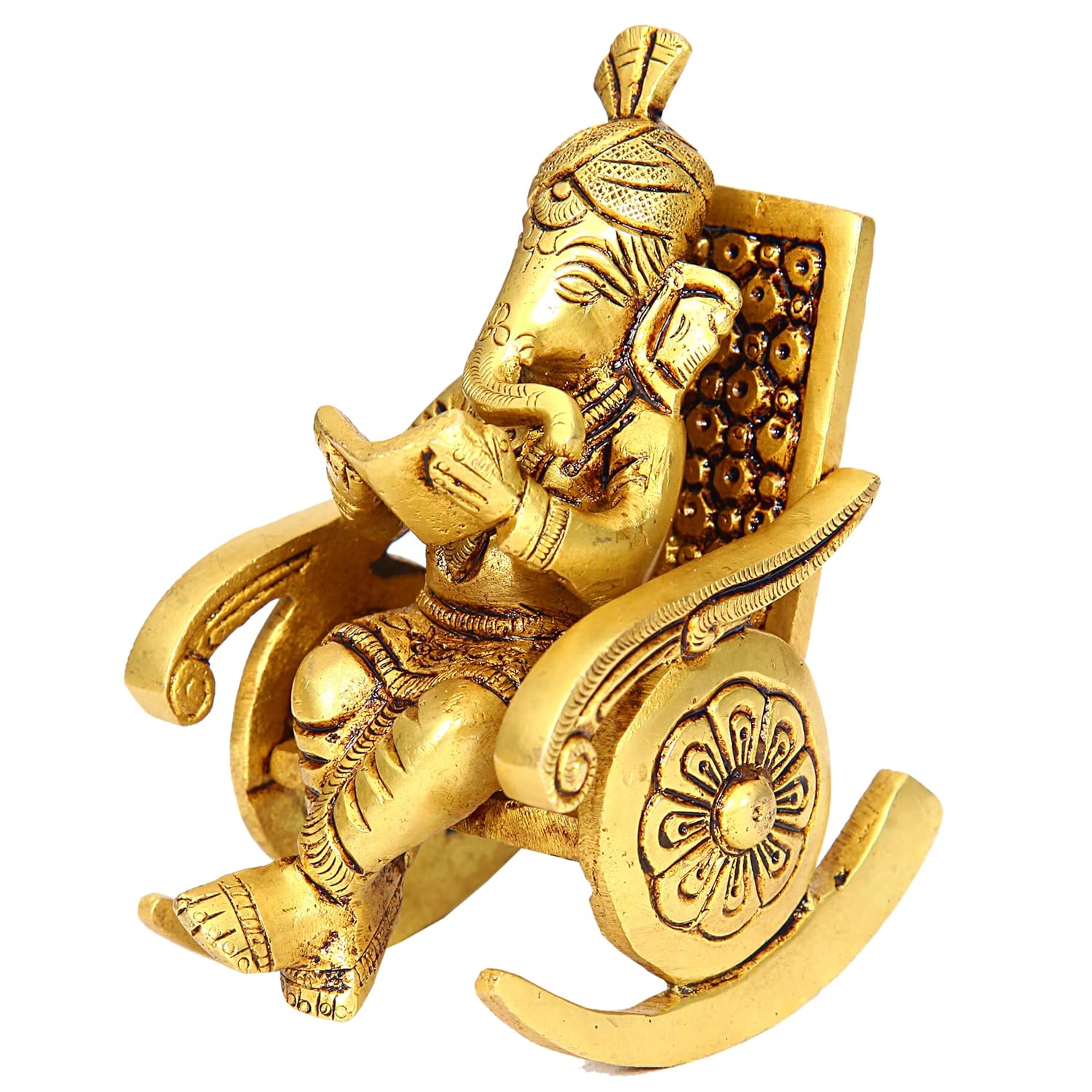 Divine Artz | Premium Chair Ganesha Idol | Rocking Chair Ganesha Idol | Heavy Rocking Chair Ganesha Brass, 675g, Height 10.5 CM, Gold Colour, 1 Piece