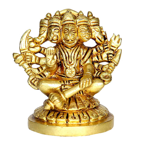 Divine Artz | Panchmukha Hanuman Sitting Brass Idol | Sitting Panchmukhi Hanuman Brass Statue | Sitting Brass Panchmukhi Hanuman 7cm Height, Gold Colour(1 Piece)