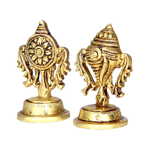 Divine Artz | Brass Small Shankh Chakra Set | Small Sangu Chakram Set 5.8cm Height, Gold Colour - 1 Set(1 Piece Brass Shankh + 1 Piece Brass Chakra)