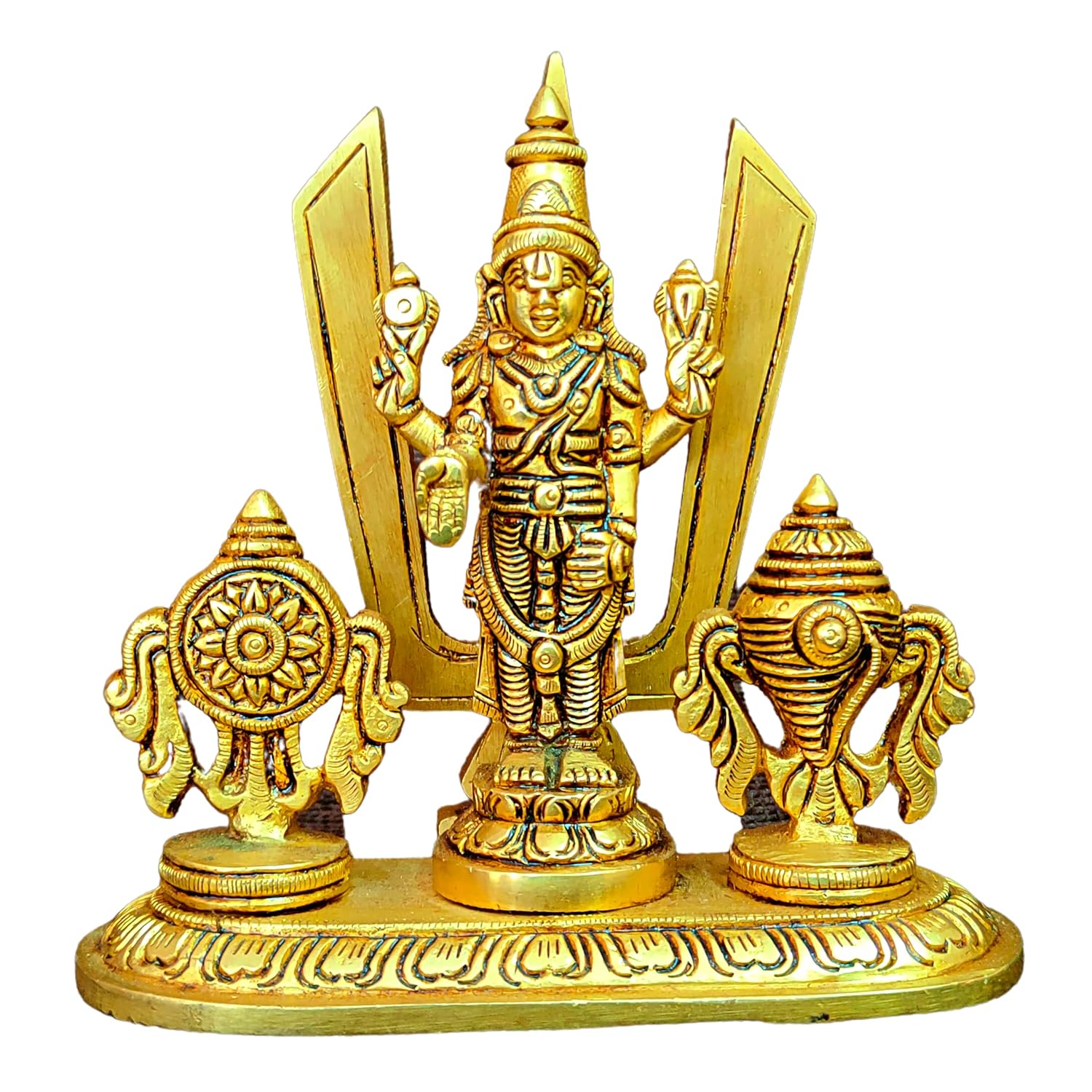 Divine Artz |  Brass Shankh Chakra Stand with Perumal Idol | Sangu Chakram Stand with Tirupati Balaji Idol | Tirupati Balaji Murti Brass, Height 12.5 CM Gold Colour 1 Piece