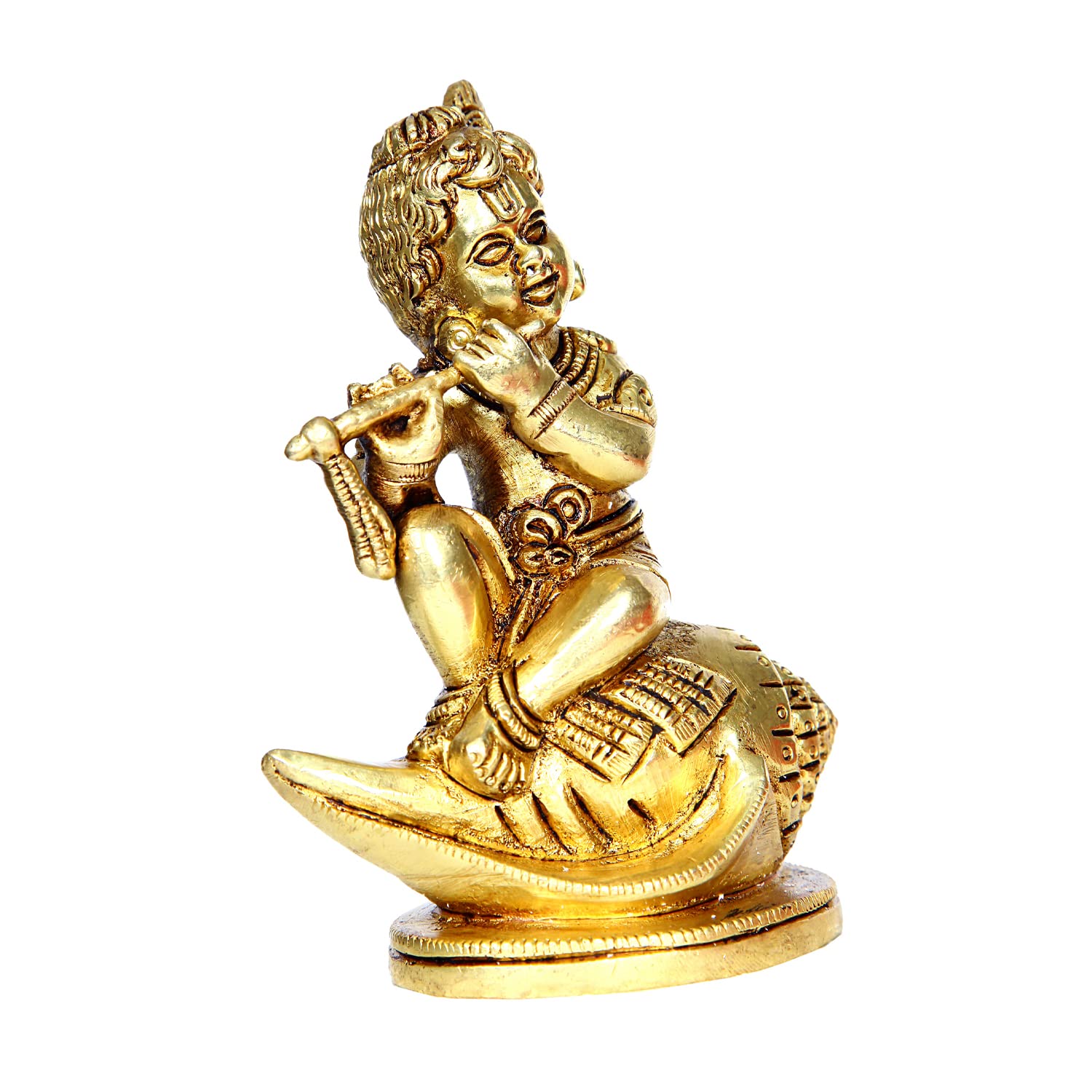 Divine Artz | Shankh Balakrishna Idol Brass | Brass Shank Balakrishna Statue | Shank Krishna Sitting Statue 11.5cm Gold Colour - (1 Piece)