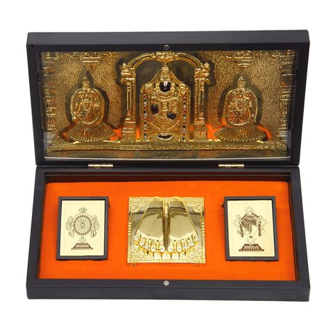 Divine Artz | Tirupati Balaji Pocket Temple | Balaji Pocket Temple Box with Charan Paduka Rectangle Shaped, Gold Plated, 1 Piece