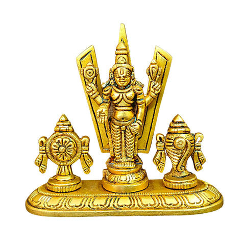 Divine Artz |  Brass Small Sangu Chakram Stand with Tirupati Balaji Idol, 9Cm Height, Gold (1 Piece)