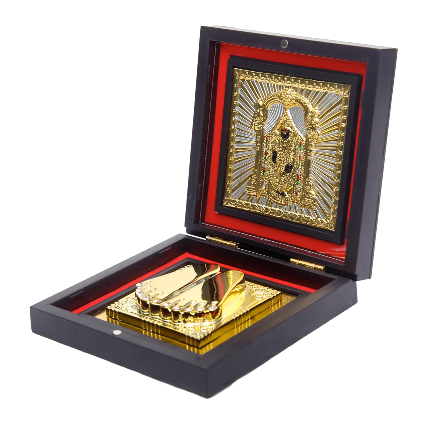 Divine Artz | Tirupati Balaji Pocket Temple | Balaji Pocket Temple Box with Charan Paduka Square Shaped, Gold Plated,1 Piece