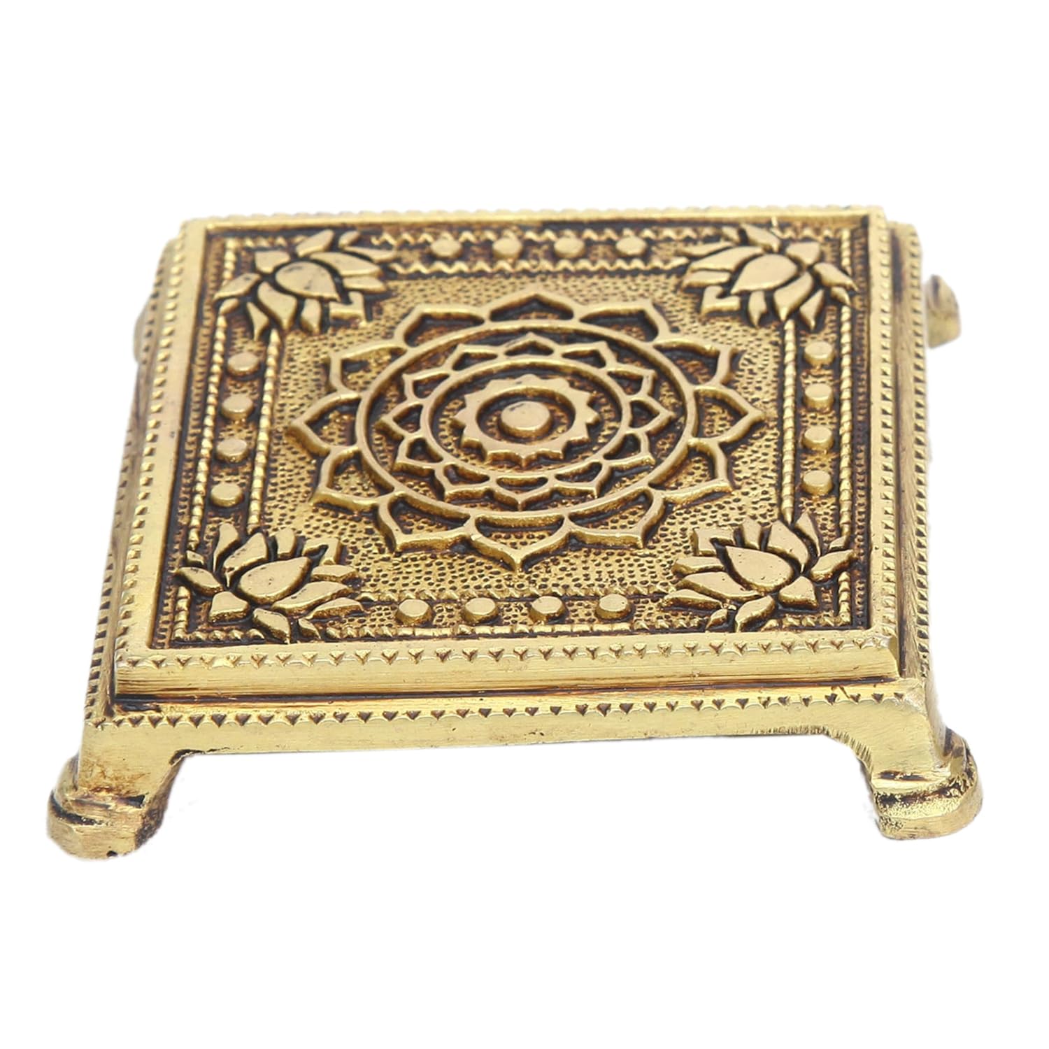 Divine Artz | Brass Pooja Chowki Square with Lotus Design | Sqaure Brass Chowki for Puja, Brass, Gold Colour, 1 Piece (1 Step Chowki)