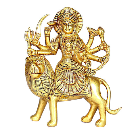 Divine Artz | Durga Maa Idol | Maa Durga Idol | Vaah Maa Durga Idol | Kolkata Durga Maa Idol Brass, Height 15 CM Gold Colour 1 Piece