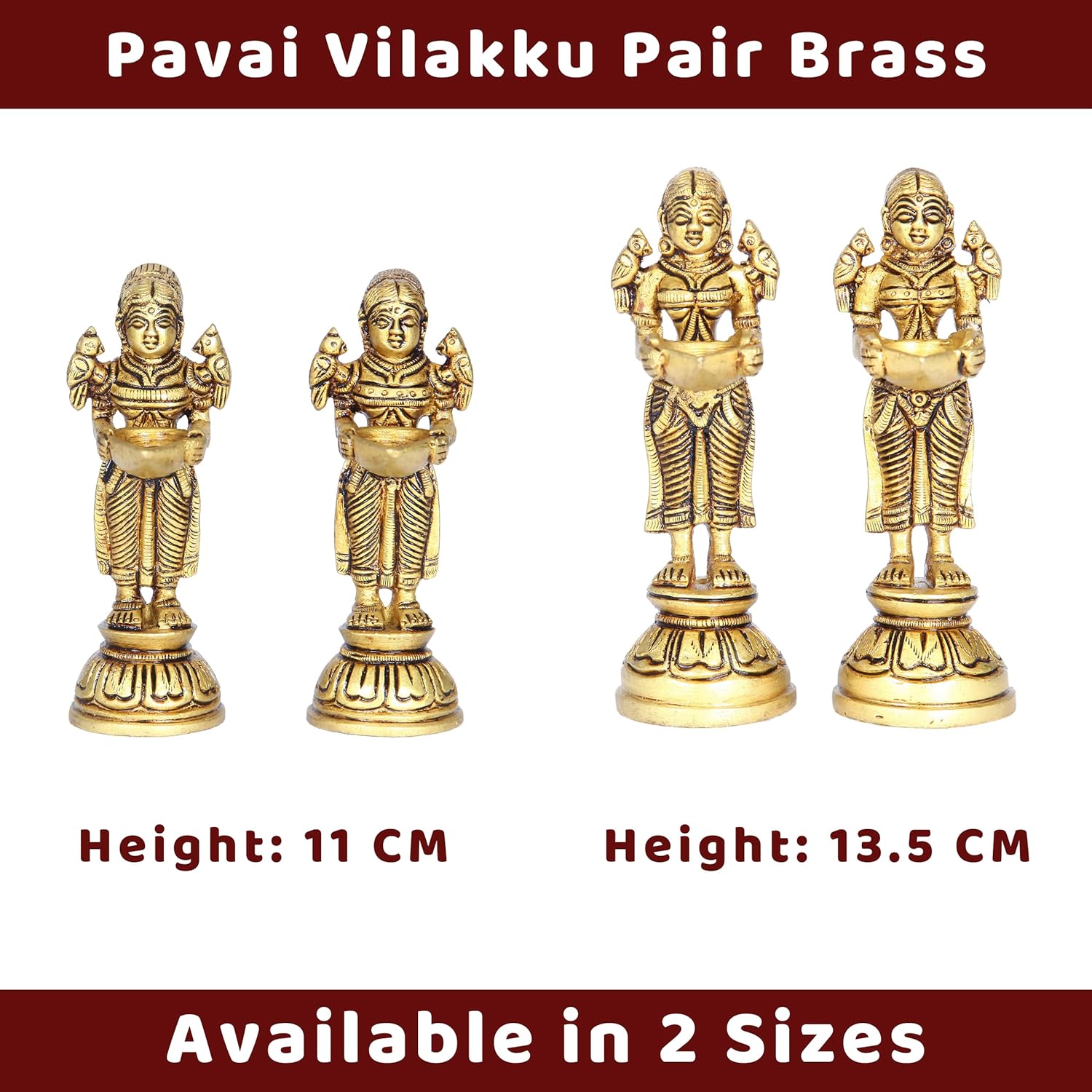 Divine Artz | Paavai Vilakku in Brass | Pavai Vilakku Pair Brass | Deep Lakshmi Pair Brass, Gold Colour, 2 Pieces (11 CM Height)