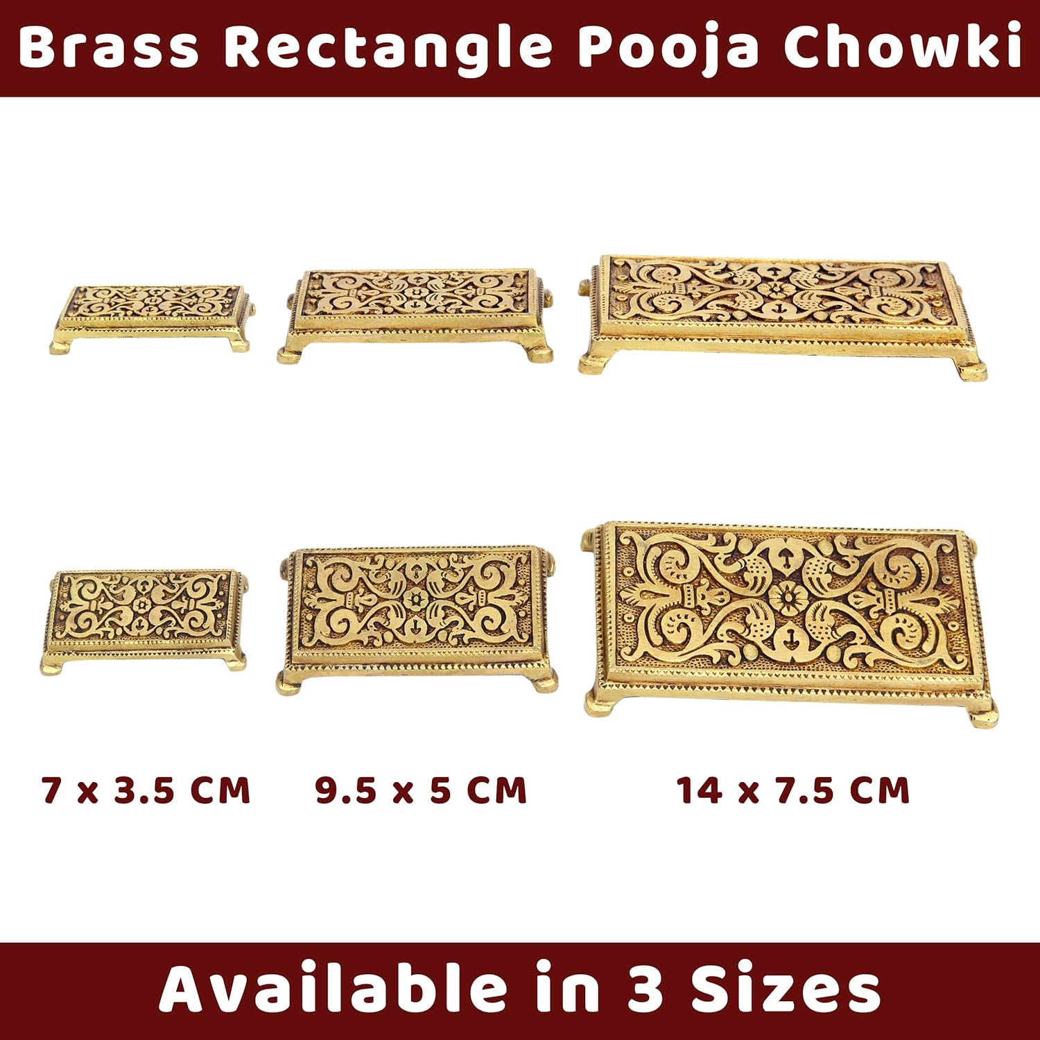 Divine Artz | Pooja Chowki Rectangle Shape | Pooja Chowki Rectangle | Brass Chowki, Brass, Gold Colour, 1 Piece (9.5 X 5 CM)