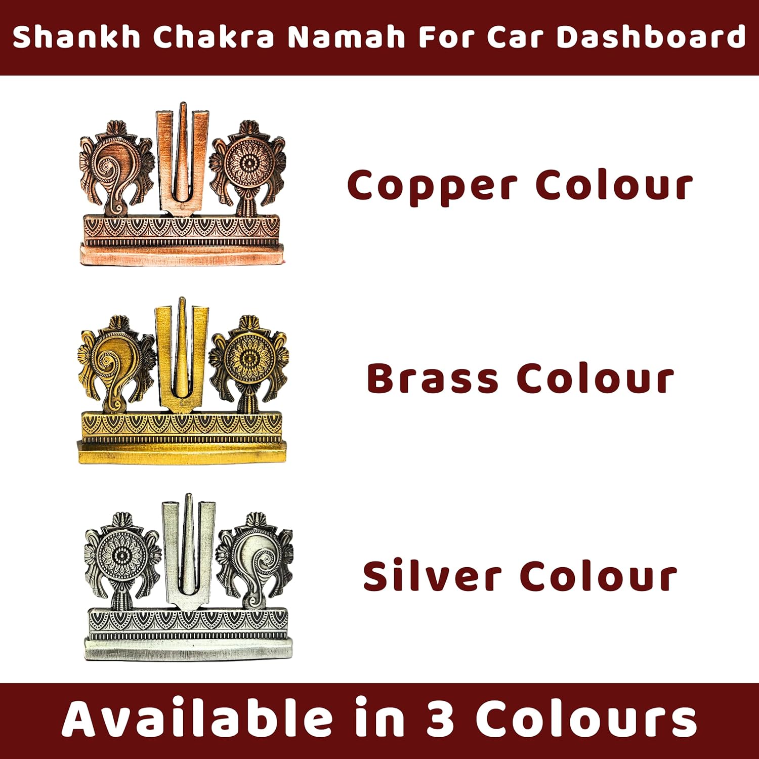 Divine Artz | Shankh Chakra Namah Stand for Car Dashboard | Tilak for Car Dashboard, Metal, 1 Piece (Silver Colour)