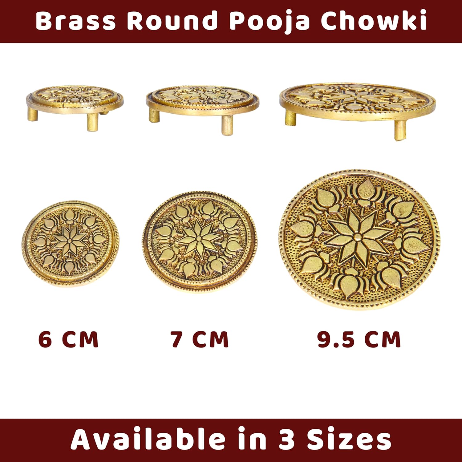 Divine Artz | Round Chowki | Pooja Chowki Round | Round Brass Chowki, Brass, Gold Colour, 1 Piece (6 CM Diameter)