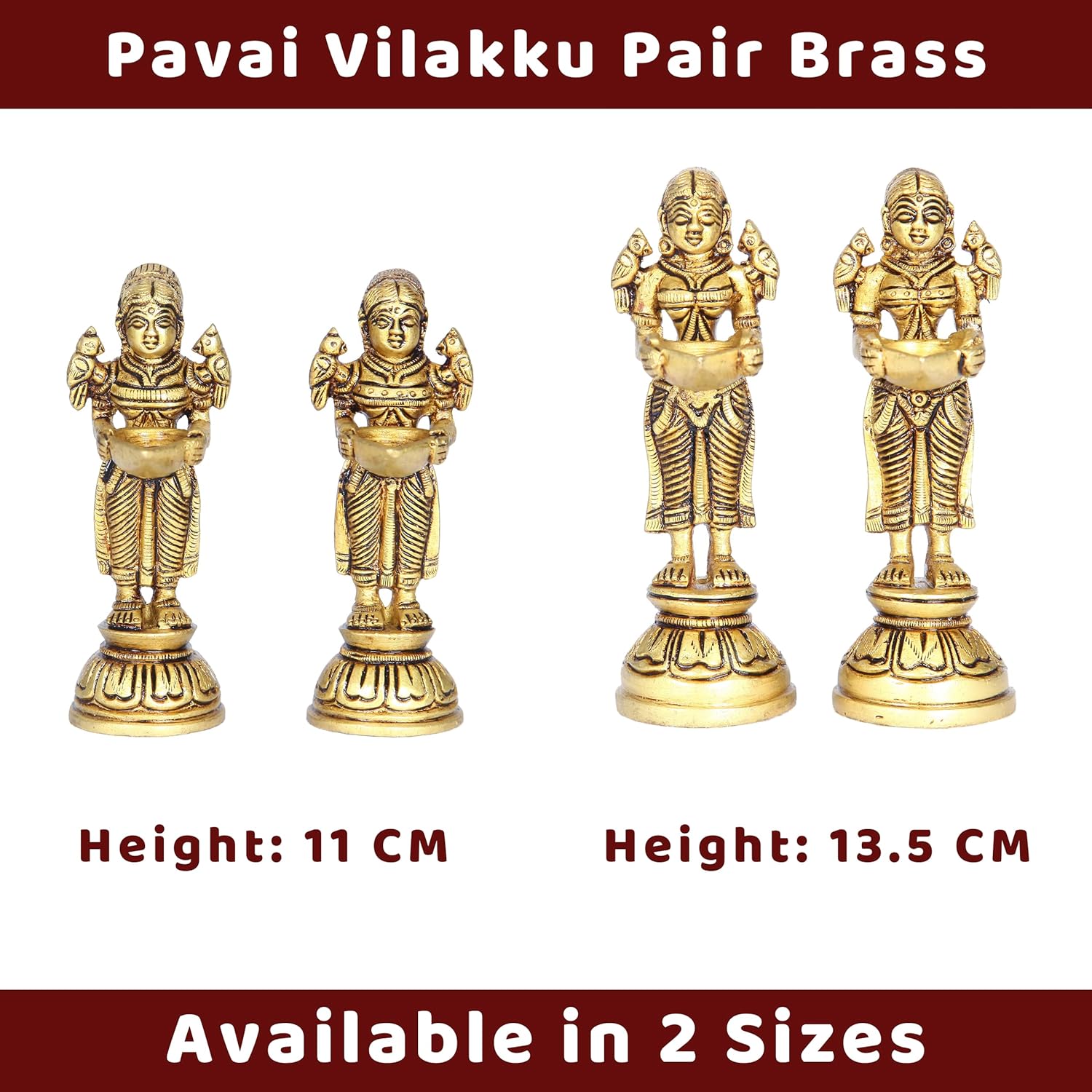 Divine Artz | Paavai Vilakku in Brass | Pavai Vilakku Pair Brass | Deep Lakshmi Pair Brass, Gold Colour, 2 Pieces (13.5 CM Height)