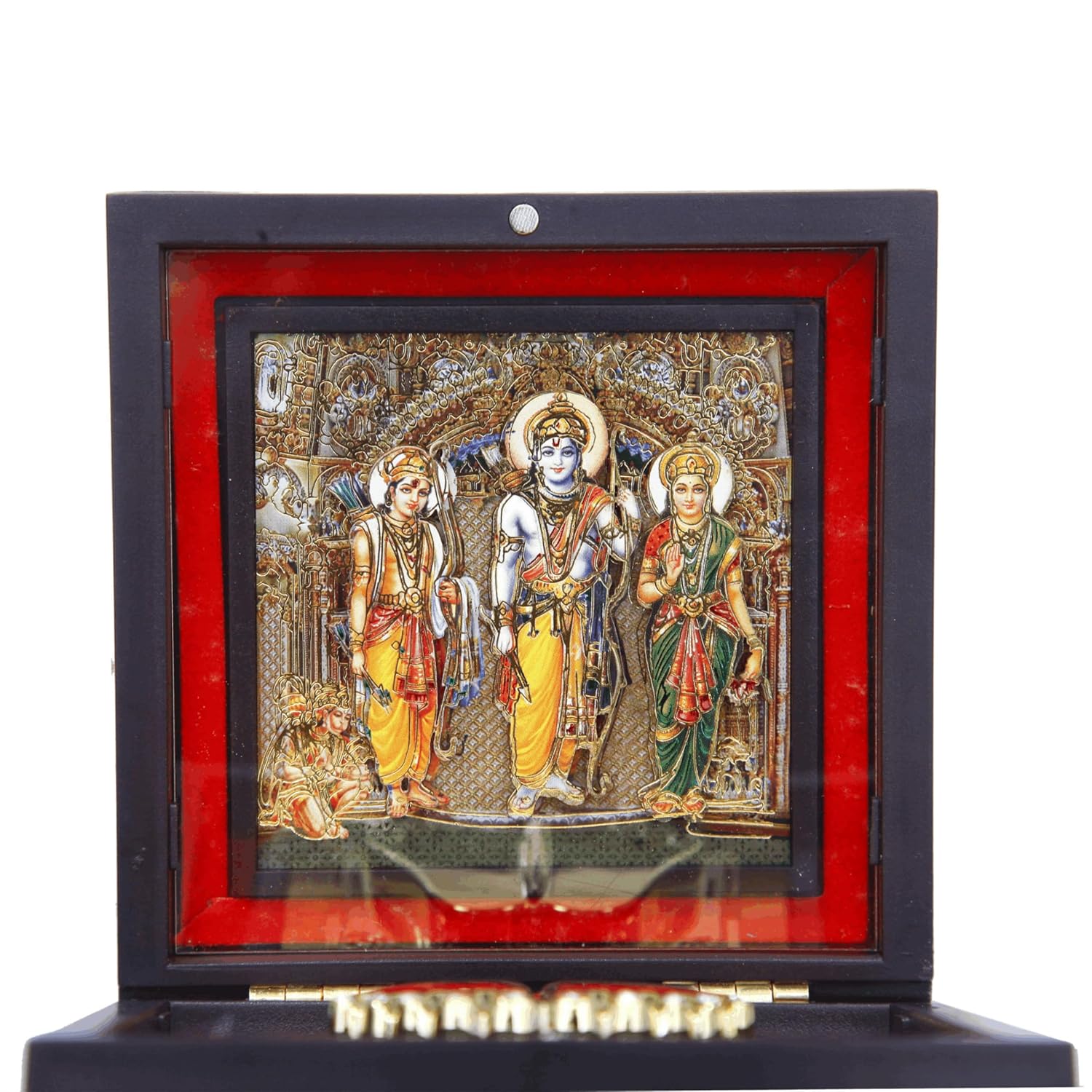 Divine Artz | Ram Darbar Pocket Temple | Ram Darbar Pocket Temple Box with Charan Paduka Square Shaped, Gold Plated,1 Piece