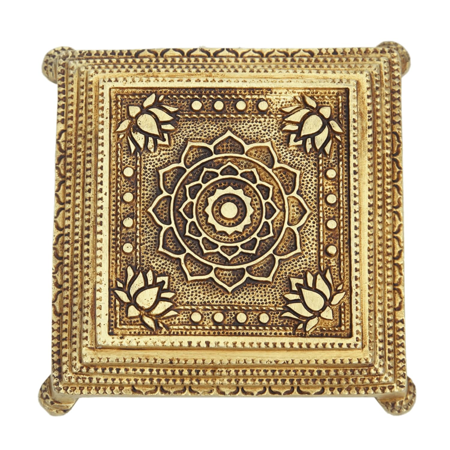 Divine Artz | Brass Pooja Chowki Square with Lotus Design | Sqaure Brass Chowki for Puja, Brass, Gold Colour, 1 Piece (4 Step Chowki)