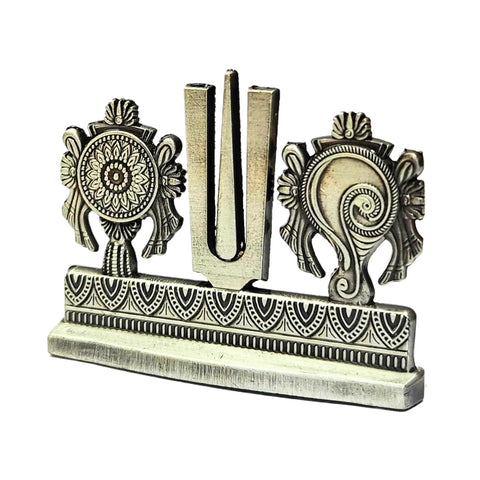 Divine Artz | Shankh Chakra Namah Stand for Car Dashboard | Tilak for Car Dashboard, Metal, 1 Piece (Silver Colour)