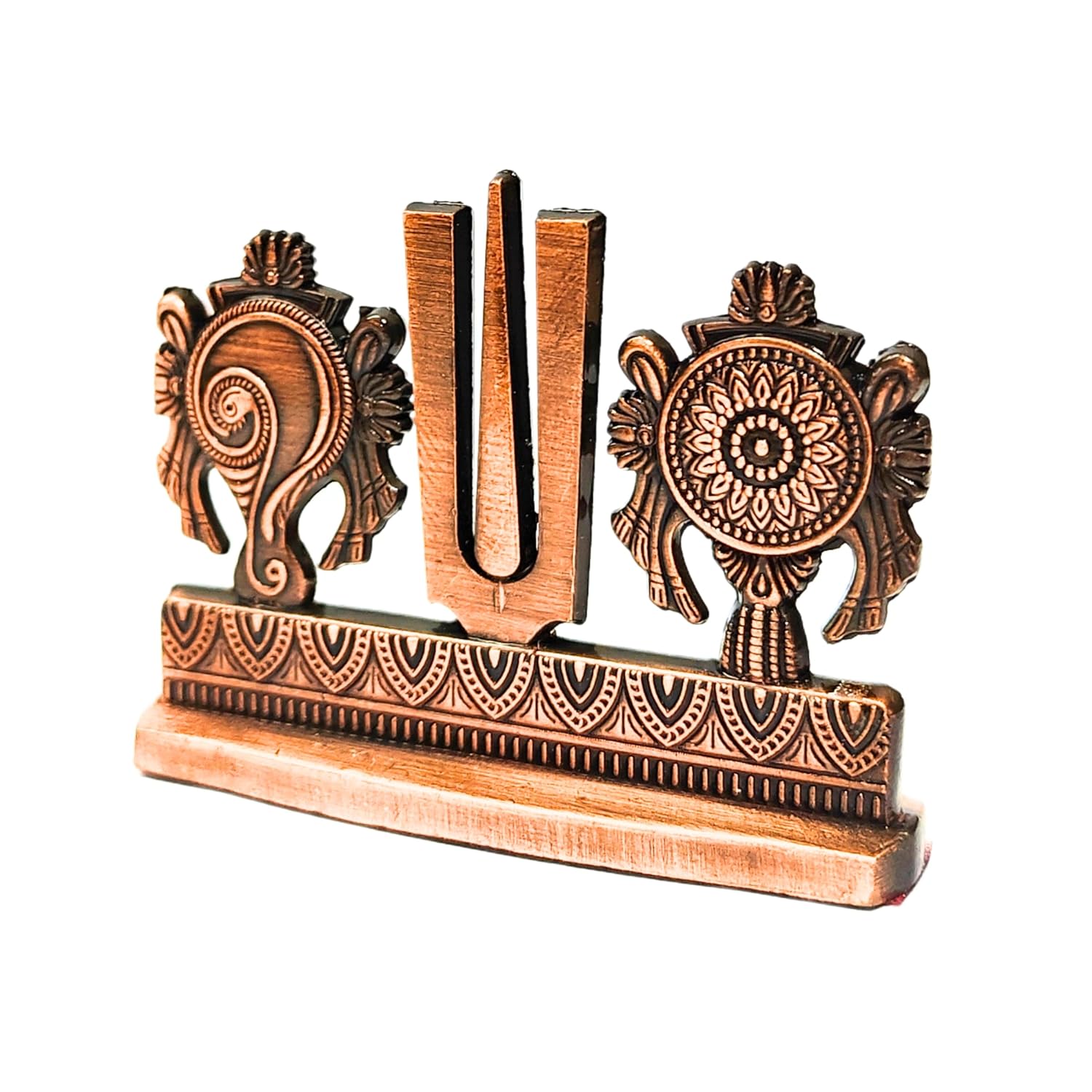 Divine Artz | Shankh Chakra Namah Stand for Car Dashboard | Tilak for Car Dashboard, Metal, 1 Piece (Copper Colour)