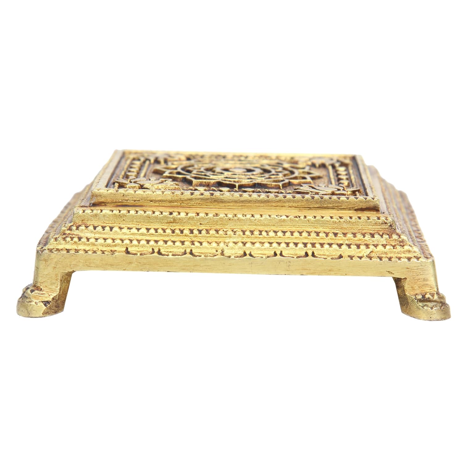 Divine Artz | Brass Pooja Chowki Square with Lotus Design | Sqaure Brass Chowki for Puja, Brass, Gold Colour, 1 Piece (4 Step Chowki)